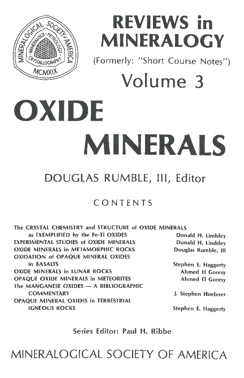 Front Cover of Reviews in Mineralogy vol 3