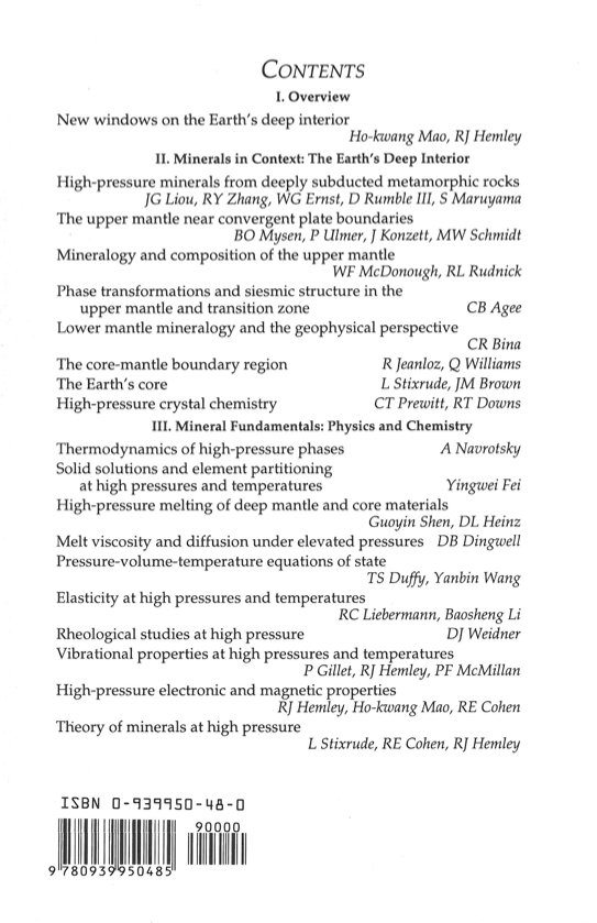 Back Cover of Reviews in Mineralogy and Geochmistry vol 37