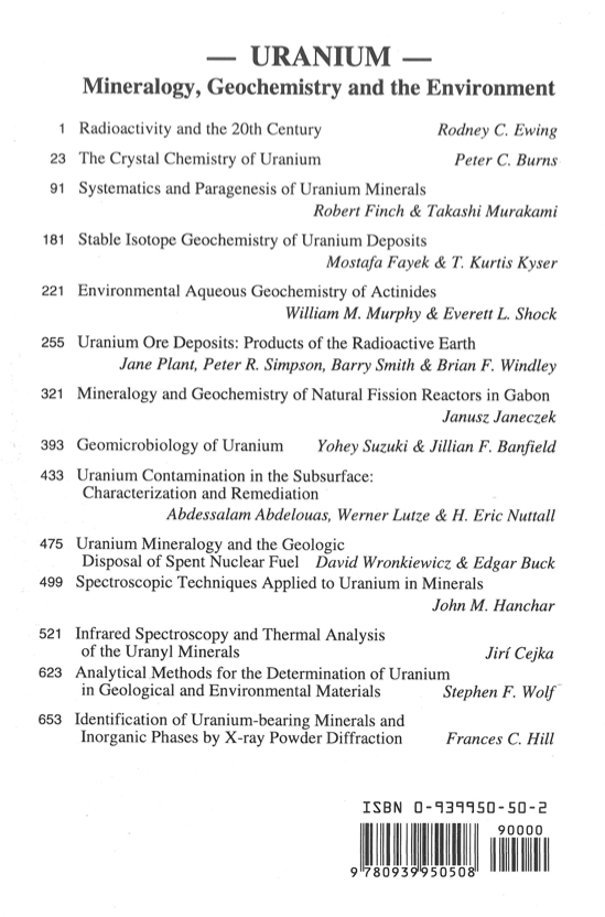 Back Cover of Reviews in Mineralogy and Geochmistry vol 38