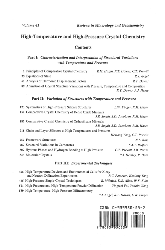 Back Cover of Reviews in Mineralogy and Geochmistry vol 41