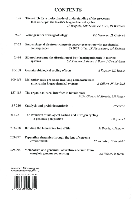 Back Cover of Reviews in Mineralogy and Geochmistry vol 59