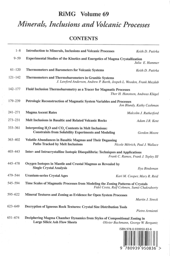 Back Cover of Reviews in Mineralogy and Geochmistry vol 69