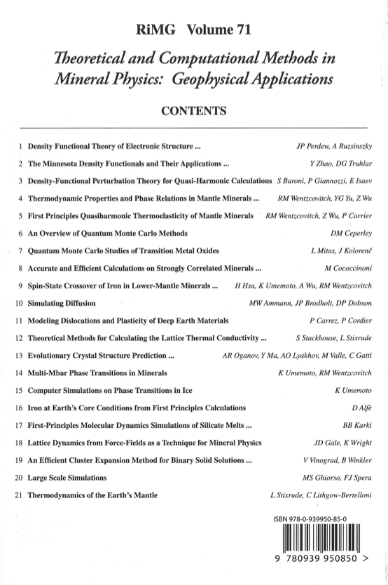 Back Cover of Reviews in Mineralogy and Geochmistry vol 71