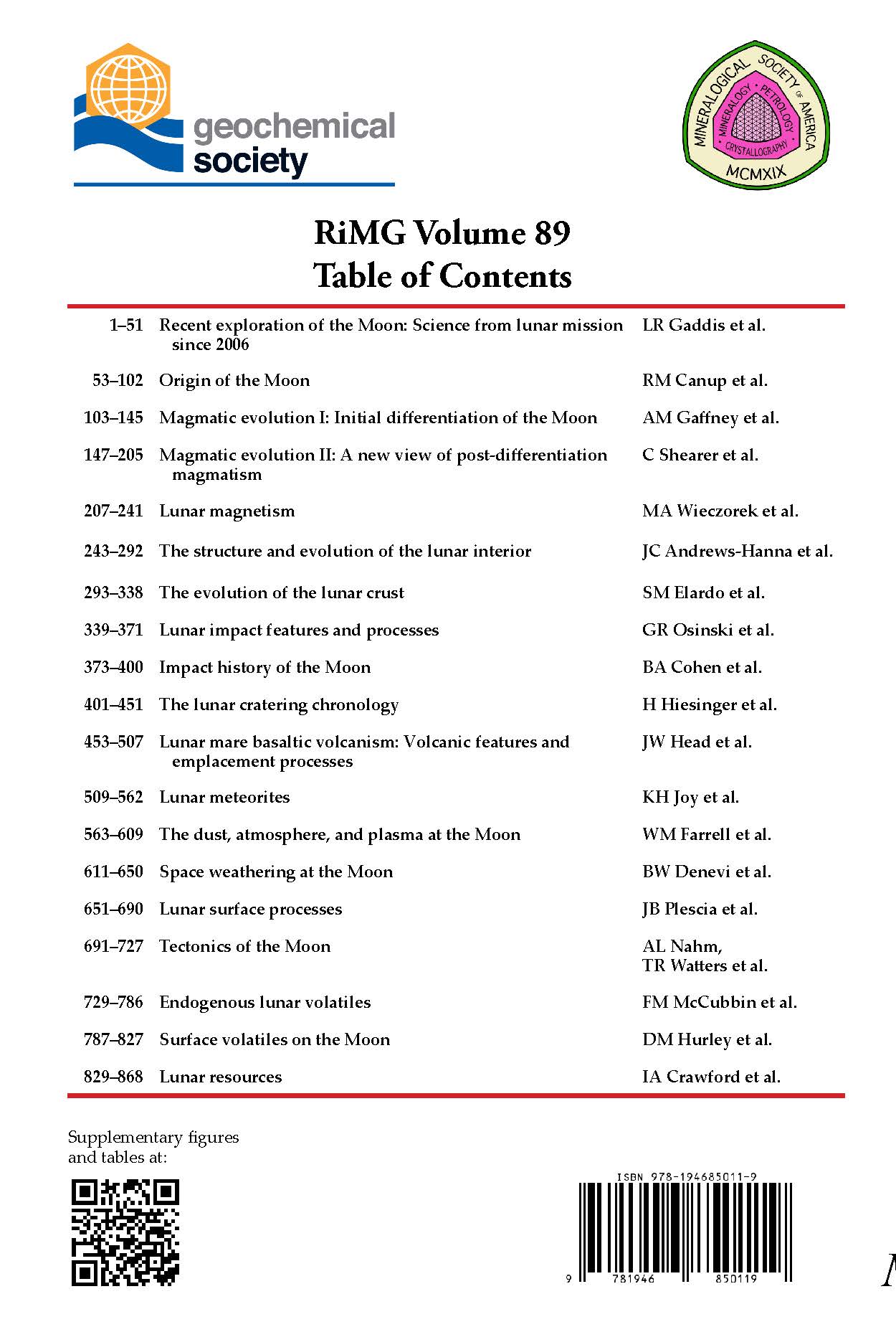 Back Cover of Reviews in Mineralogy and Geochmistry vol 89