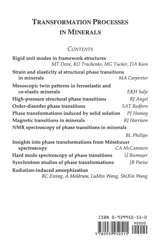 Back Cover of Reviews in Mineralogy and Geochmistry vol 39