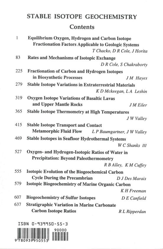 Back Cover of Reviews in Mineralogy and Geochmistry vol 43