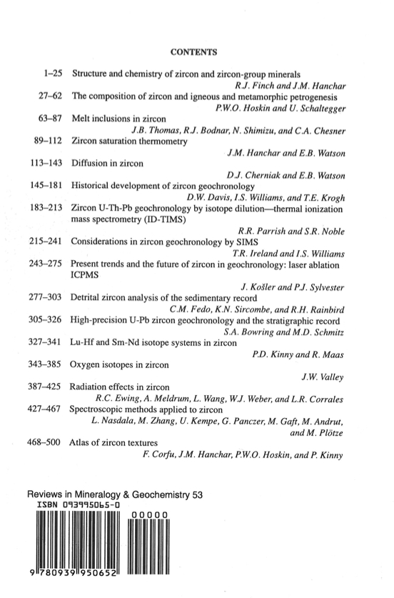 Back Cover of Reviews in Mineralogy and Geochmistry vol 53