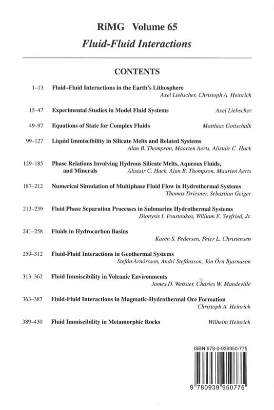 Back Cover of Reviews in Mineralogy and Geochmistry vol 65