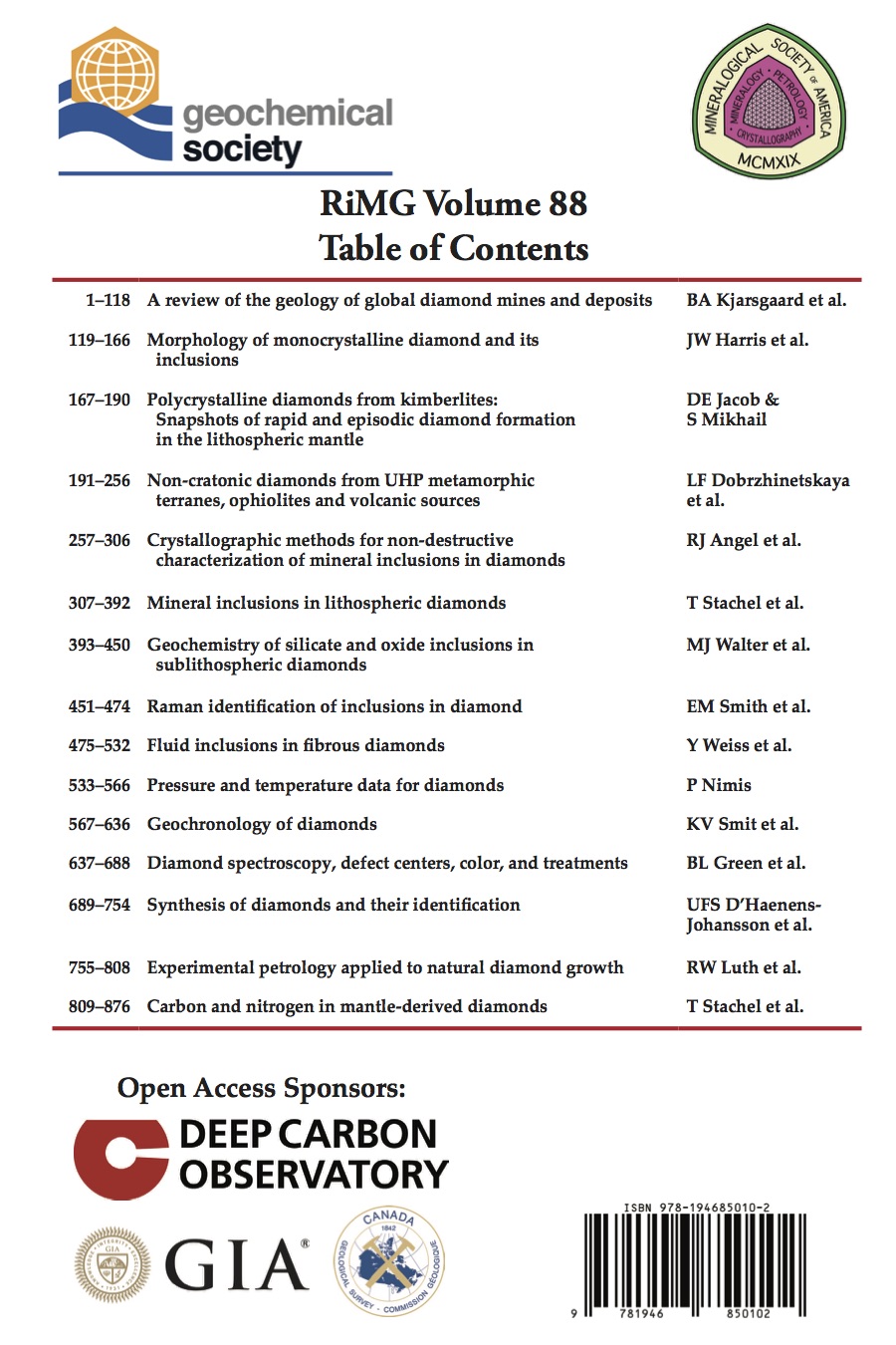 Back Cover of Reviews in Mineralogy and Geochmistry vol 88