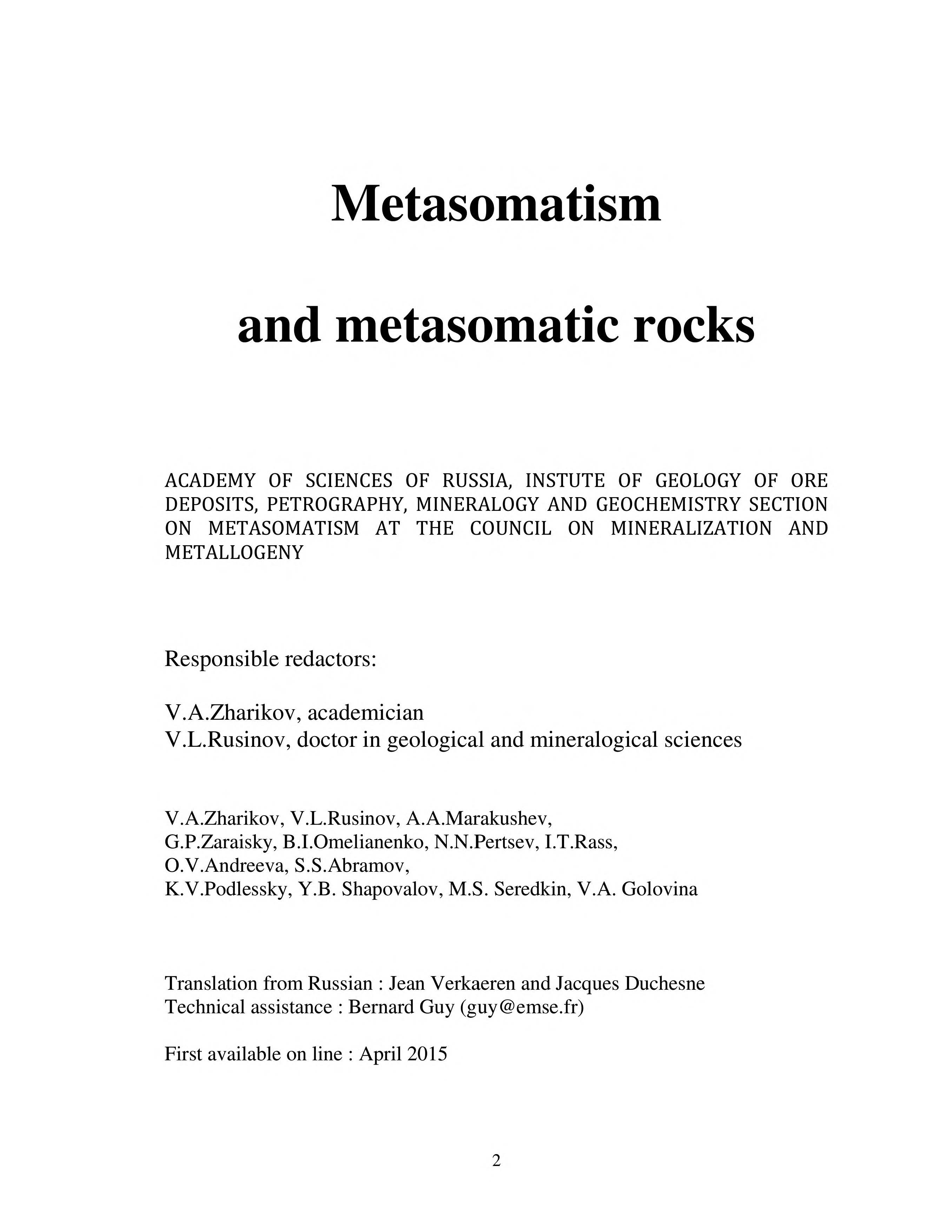 Front Cover of Metasomatism and Metasomatic Rocks