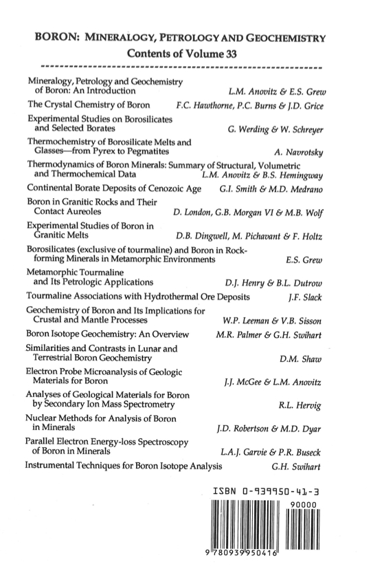 Back Cover of Reviews in Mineralogy and Geochmistry vol 33