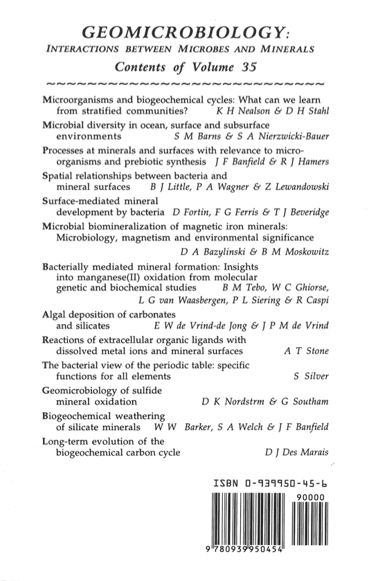 Back Cover of Reviews in Mineralogy and Geochmistry vol 35