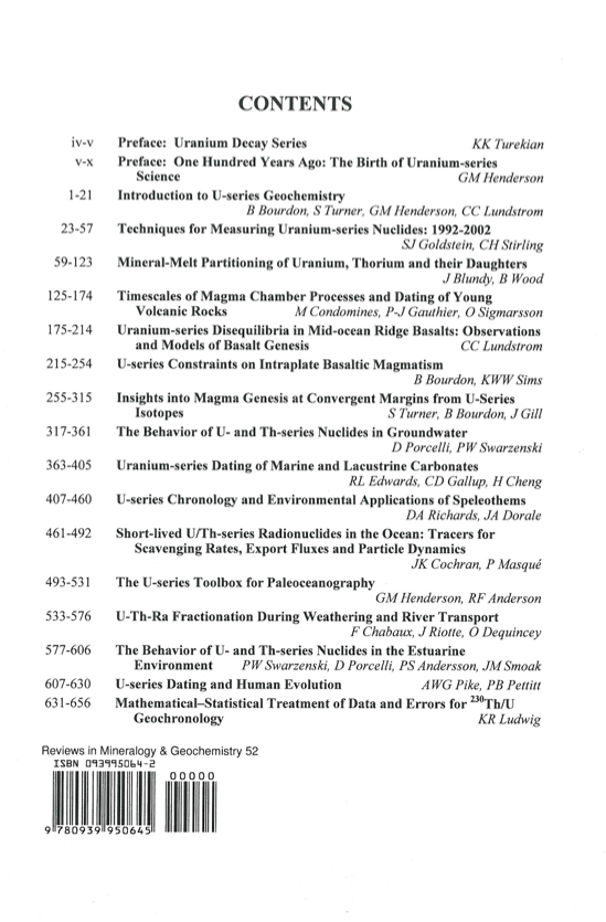 Back Cover of Reviews in Mineralogy and Geochmistry vol 52