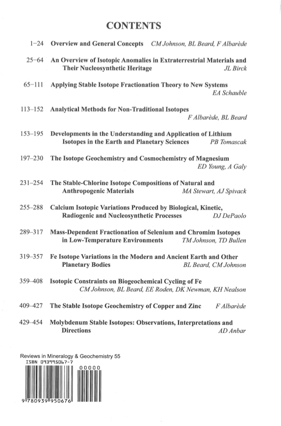 Back Cover of Reviews in Mineralogy and Geochmistry vol 55