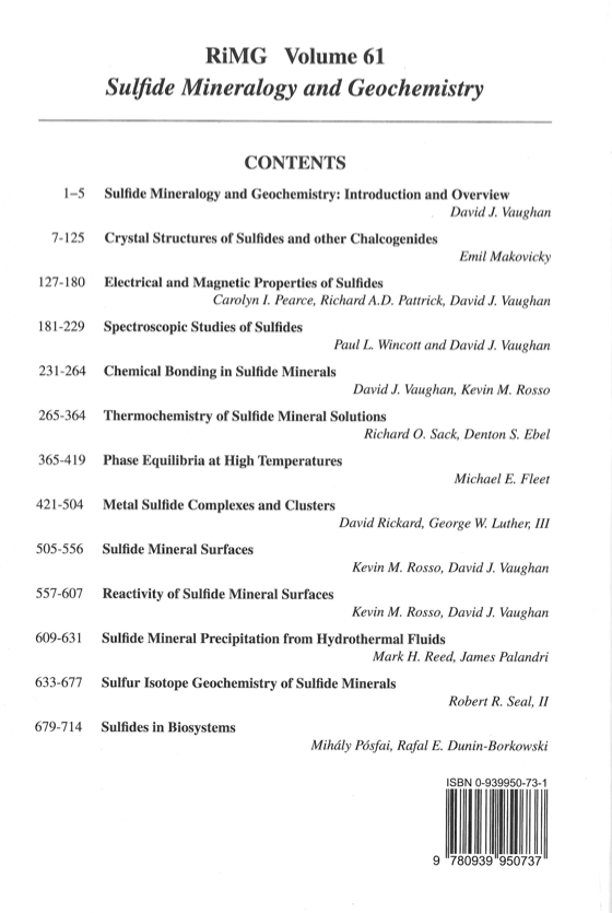 Back Cover of Reviews in Mineralogy and Geochmistry vol 61