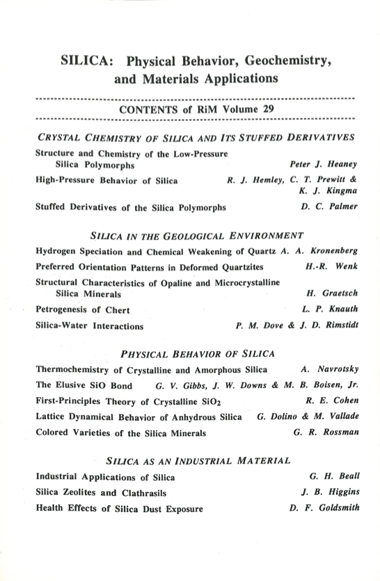 Back Cover of Reviews in Mineralogy and Geochmistry vol 29