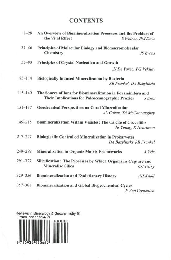 Back Cover of Reviews in Mineralogy and Geochmistry vol 54