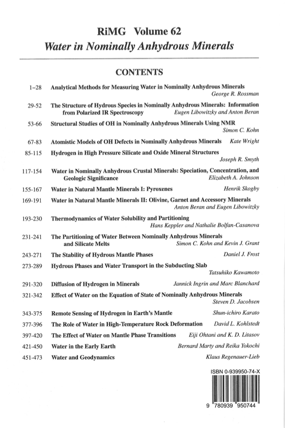 Back Cover of Reviews in Mineralogy and Geochmistry vol 62