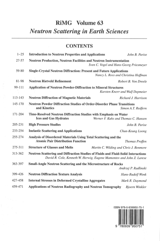 Back Cover of Reviews in Mineralogy and Geochmistry vol 63