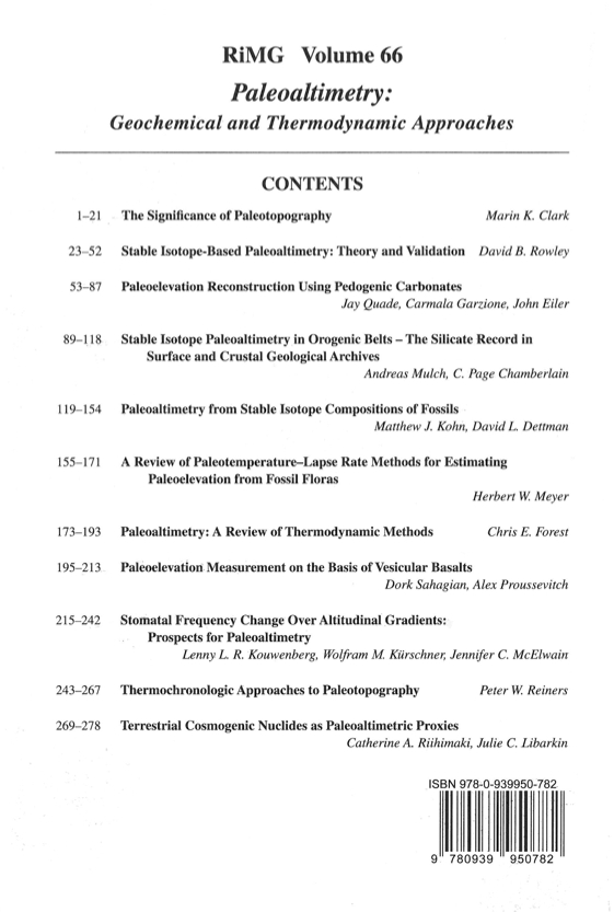 Back Cover of Reviews in Mineralogy and Geochmistry vol 66