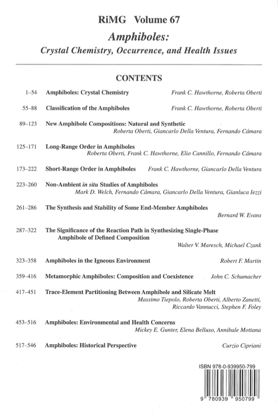 Back Cover of Reviews in Mineralogy and Geochmistry vol 67