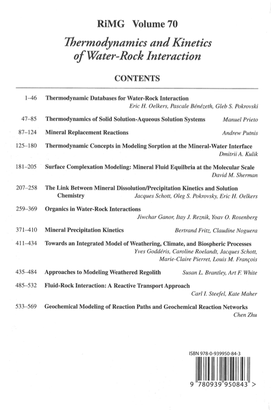 Back Cover of Reviews in Mineralogy and Geochmistry vol 70