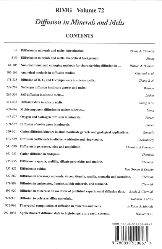 Back Cover of Reviews in Mineralogy and Geochmistry vol 72